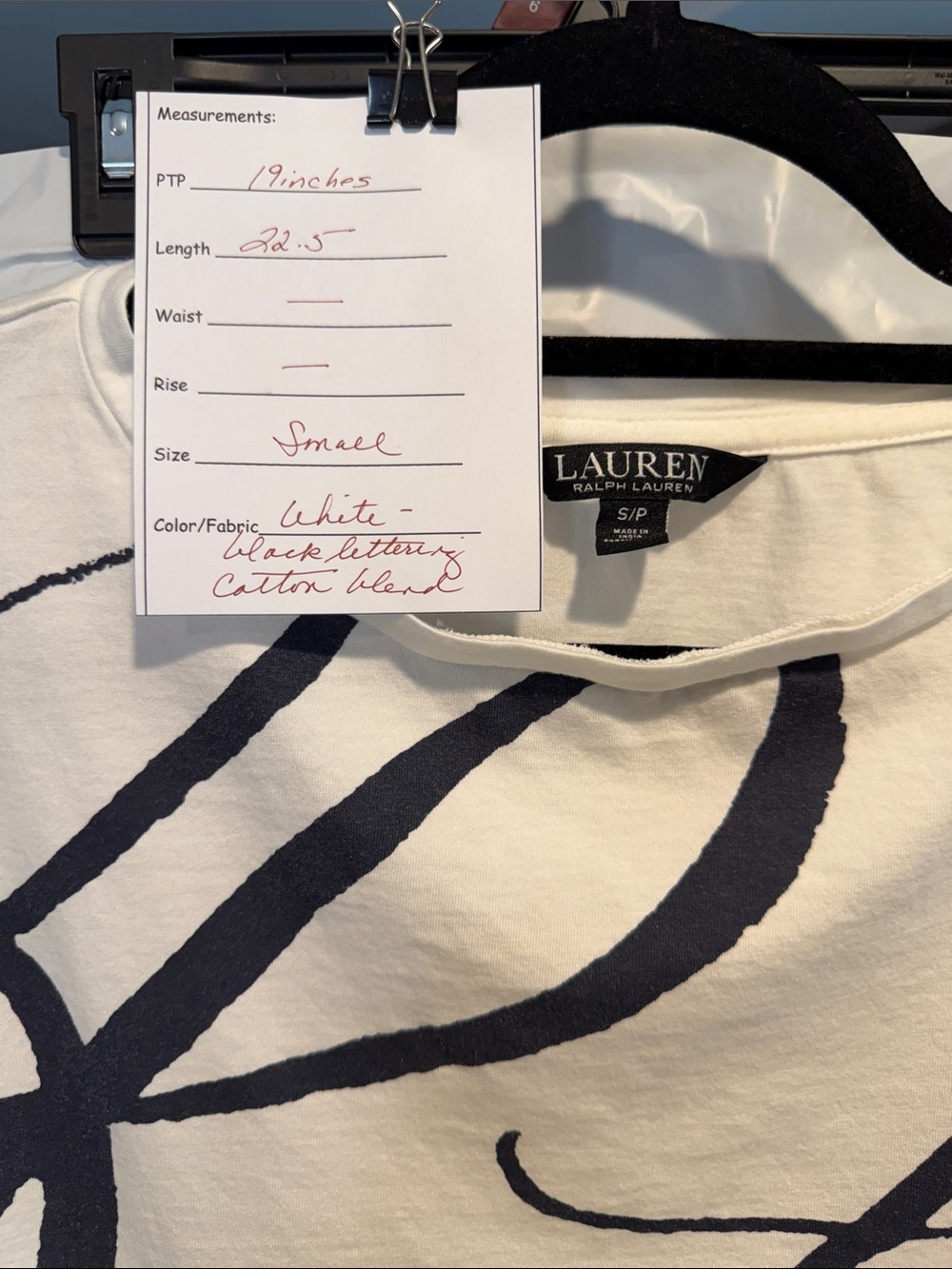 Lauren Ralph Lauren White Tee with Black Script Print BLACK LABEL - Picture 6 of 6